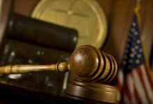 Closeup of gavel in court room